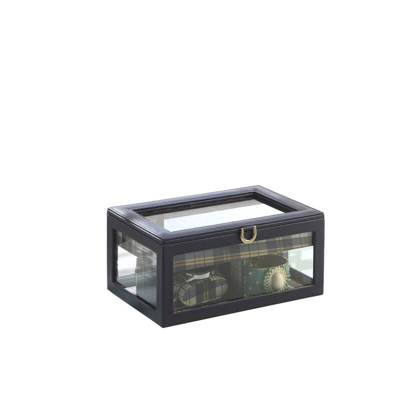 10" Blue And Clear Faux Leather And Glass Nine Section Checkered Watch Box With Metal Accents