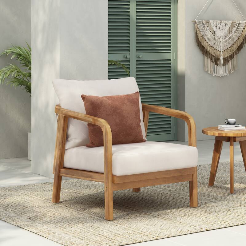 28" Outdoor Lounge Chair with Woven Backrest, Solid Wood Frame, Comfortable Cushions, and Curved Armrests for Patio or Garden