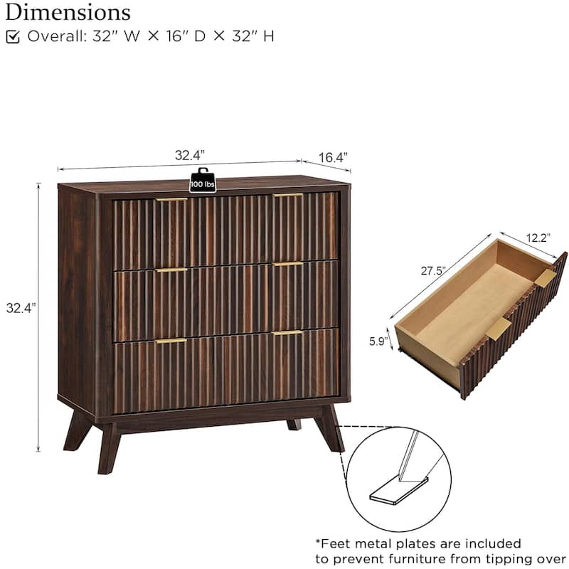 Modern fluted 3 Chest of Drawers, Dresser for Bedroom, Living Room