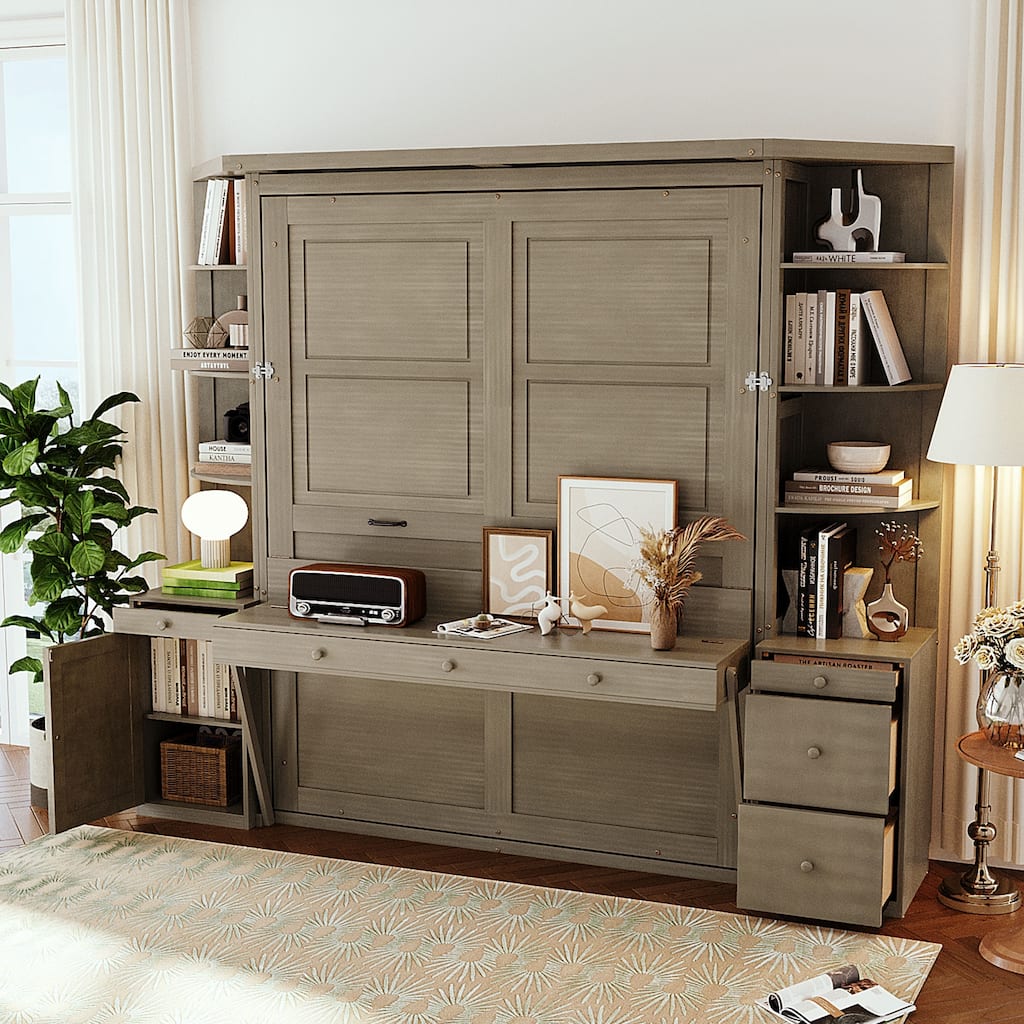 Queen Murphy Bed Wall Bed with Integrated Desk Cabinets Shelves