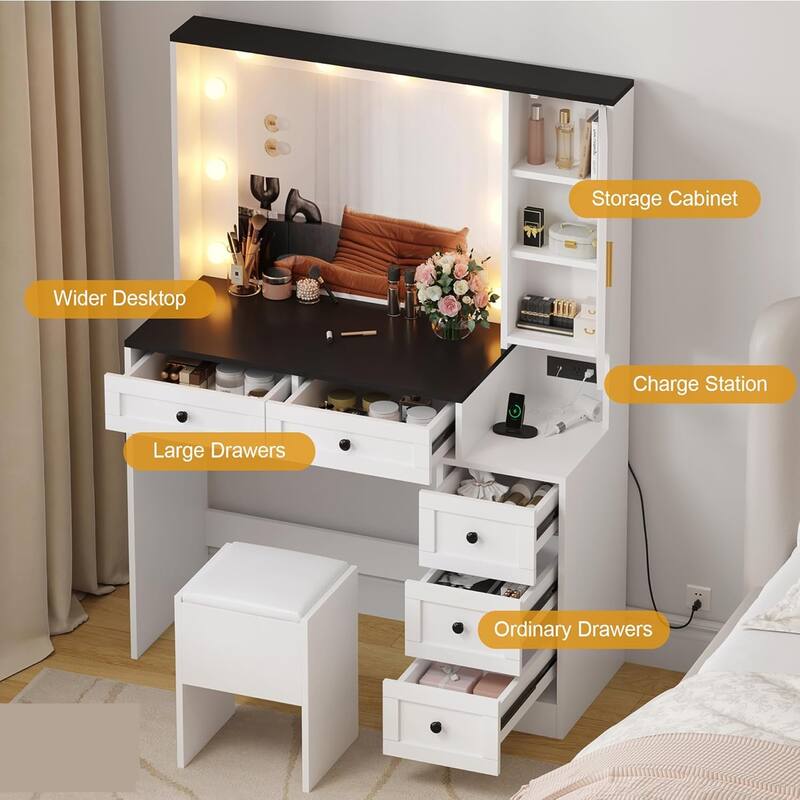 Makeup Vanity Desk and Stool,Vanity Table Set with Charging Station, Drawers and Hidden Storage Shelves