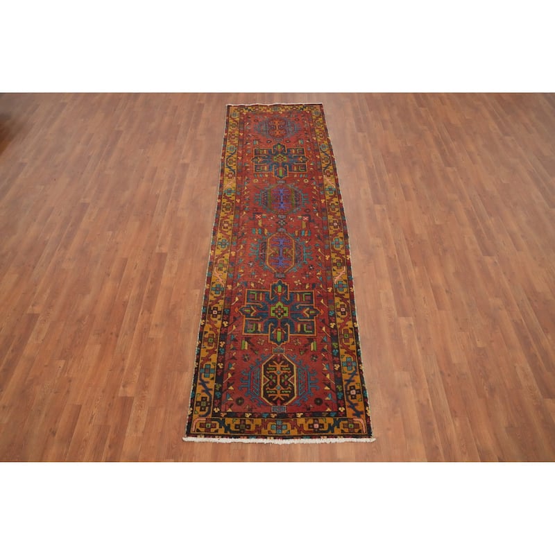 Hand Knotted Oriental 100% Wool Carpet Traditional Geometric Oranges & Rust Heriz Runner Rug - 10' 5'' X 3' 0''