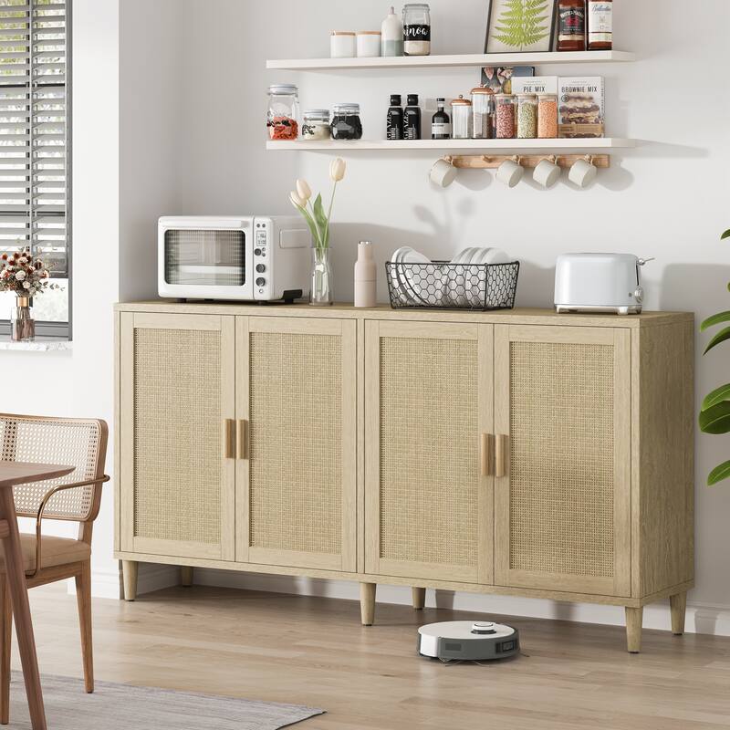 Rattan Buffet Cabinet with Storage, 4-Door Sideboard Buffet Cabinet with Adjustable Shelves for Kitchen, Living Room