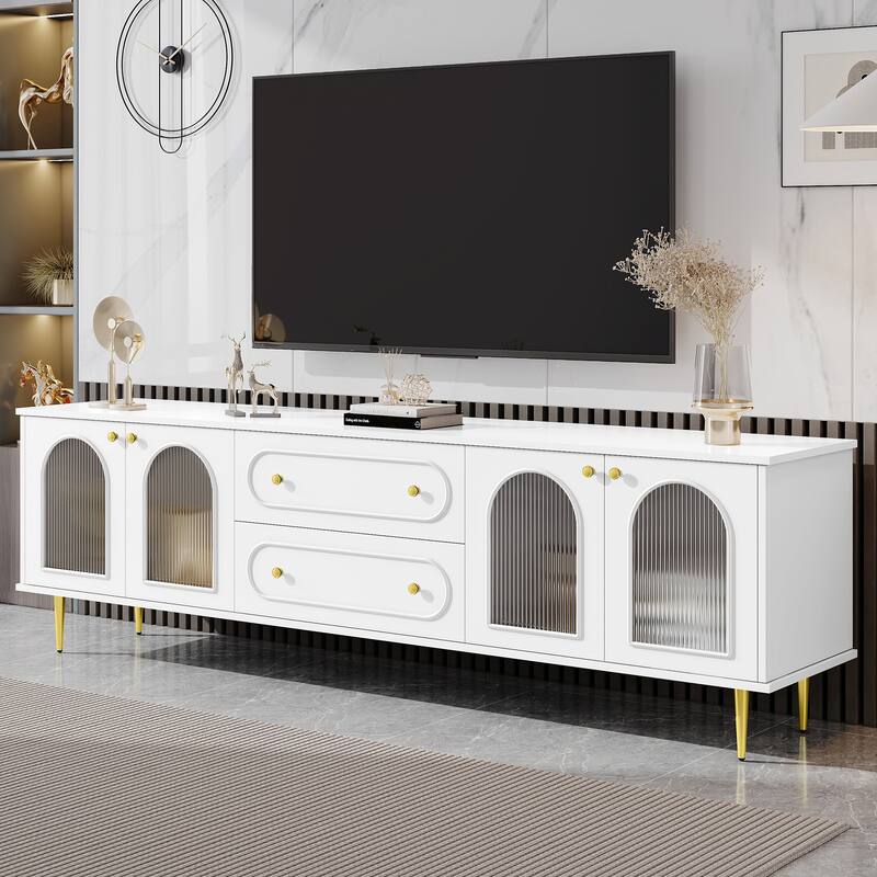Roomfitters Modern TV Stand for up to 80 Inch TV, Media Console with Fluted Glass Doors, Drawers and Metal Legs, White - White