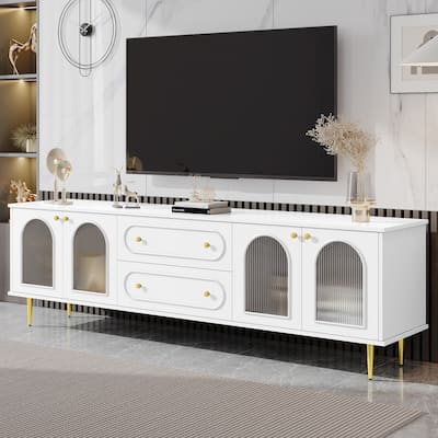 Roomfitters Modern TV Stand for up to 80 Inch TV, Media Console with Fluted Glass Doors, Drawers and Metal Legs, White