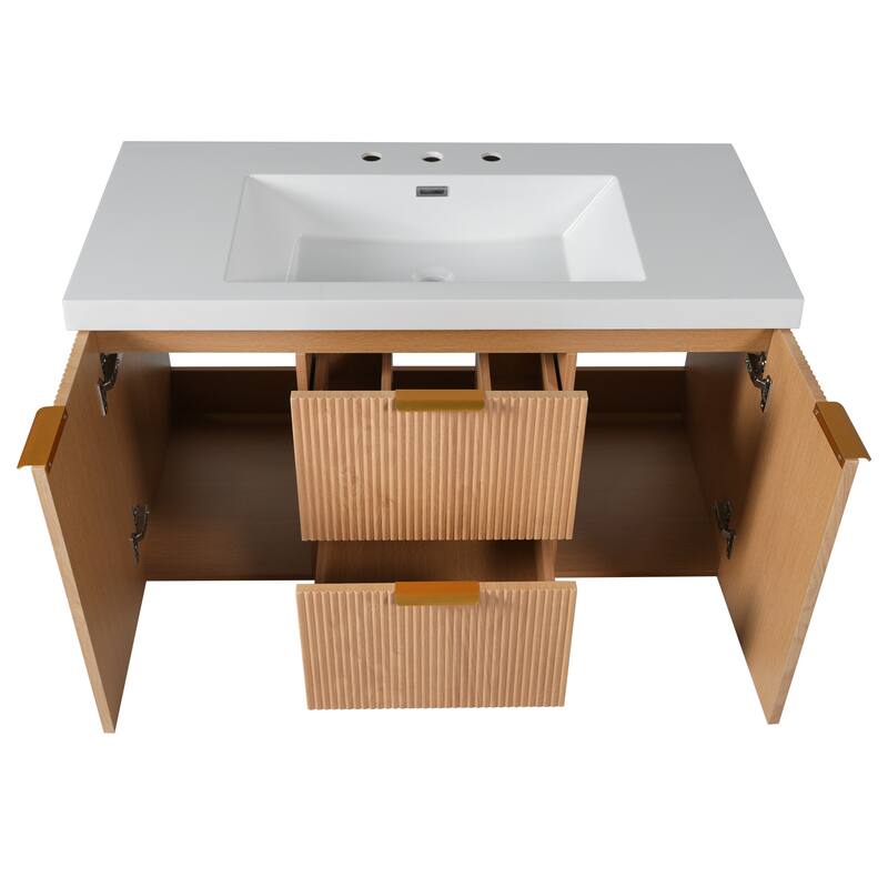 GDFStudio - Mercer Transitional Wall Mounted Bathroom Vanity Cabinet with Double SMC Sink, Soft Close Doors & Drawers