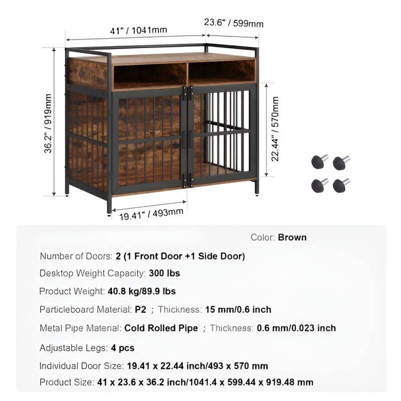 Rustic Brown Wood Metal Dog Crate, Dual-Door Pet Furniture with Storage Shelf - 41” L x 23.6” W x 36.2” H