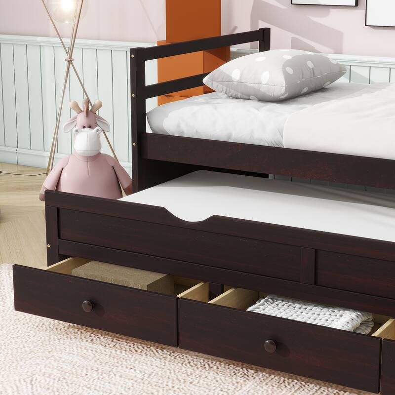 Twin Bed with Pull-Out Trundle, Three Storage Drawers, Pine Wood Frame, Headboard & Footboard