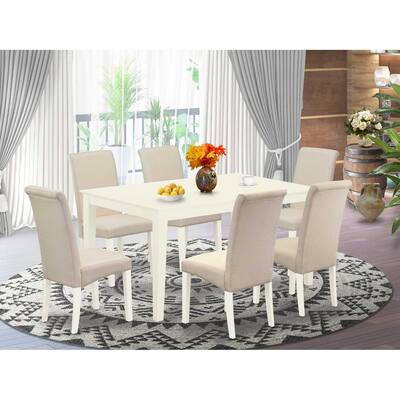 HomeStock 7-Piece Rectangle Linen White Finish Solid Wood Top Dining Table with 6 Parson Chairs with Lattice Back