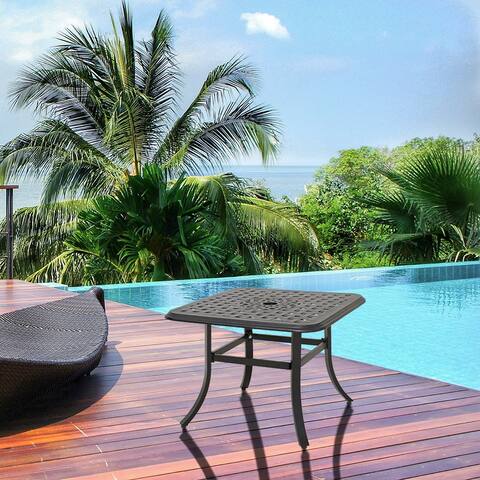 Cast Aluminum Patio Side Table Outdoor Square Table with Umbrella Hole - 24.02" L x 24.02" W x 17.52" H