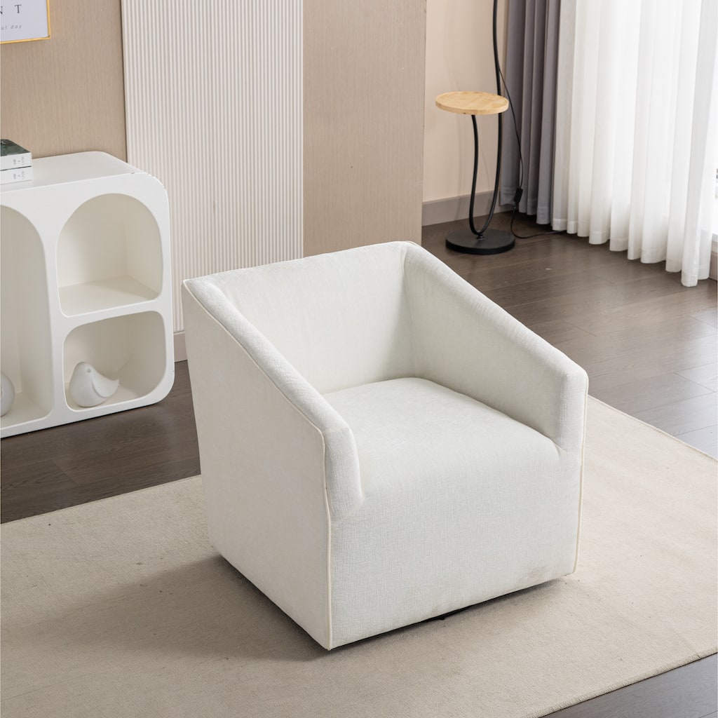 White Modern 31" Chenille Upholstered Barrel Arm Chair with 360° Swivel and Round Metal Base