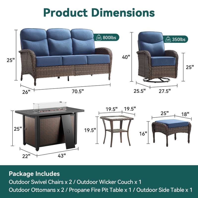 Pocassy Outdoor Sofa Swivel Chair and Ottman with Fire Pit Table