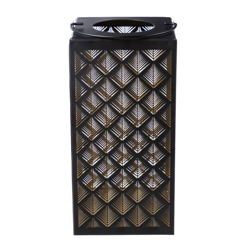 Glitzhome 11"H Black Metal Cutout or Square Textured Glass Pattern Solar Powered Hanging Lantern with LED Light