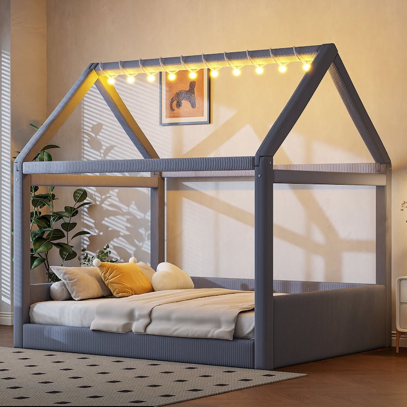 Corduroy Upholstered House Shaped Daybed, Lovely House Floor Bed with LED Light Strips, Full Size Floor Platform Sofa Bed Frame