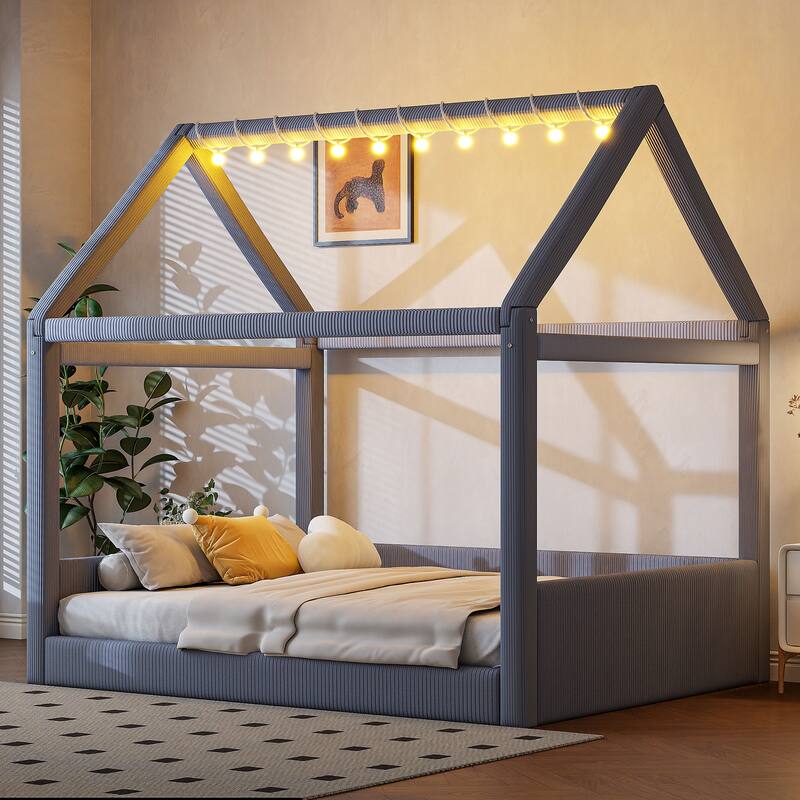 Full Size Upholstered House Daybed with LED Light Strips, Grey - Grey