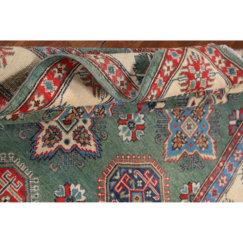 Kazak Oriental Area Rug Handmade Green Geometric Wool Carpet - 5'1" x 7'3"