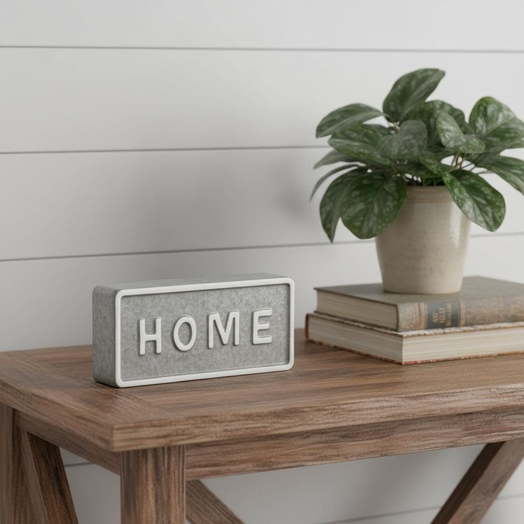 HomeRoots 4" Gray And White Metal Home Hand Painted Tabletop Sign - 8.62 in. x 4.00 in. x 1.38 in.