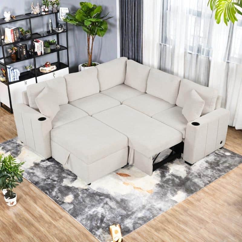 84.7" Chenille Modular Sectional Sofa with Pull-Out Sleeper, Storage Ottoman & USB Ports - Convertible U/L-Shaped Design