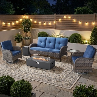 Pocassy Outdoor 5-Piece Sofa Swivel Chair with Fire Pit Table - Bed ...