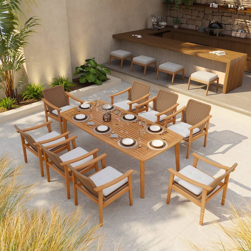 Outdoor Acacia Wood Dining Set with PE Wicker Rattan Dining Chairs And Table with Umbrella Hole 9-Piece Weather-resistant Set