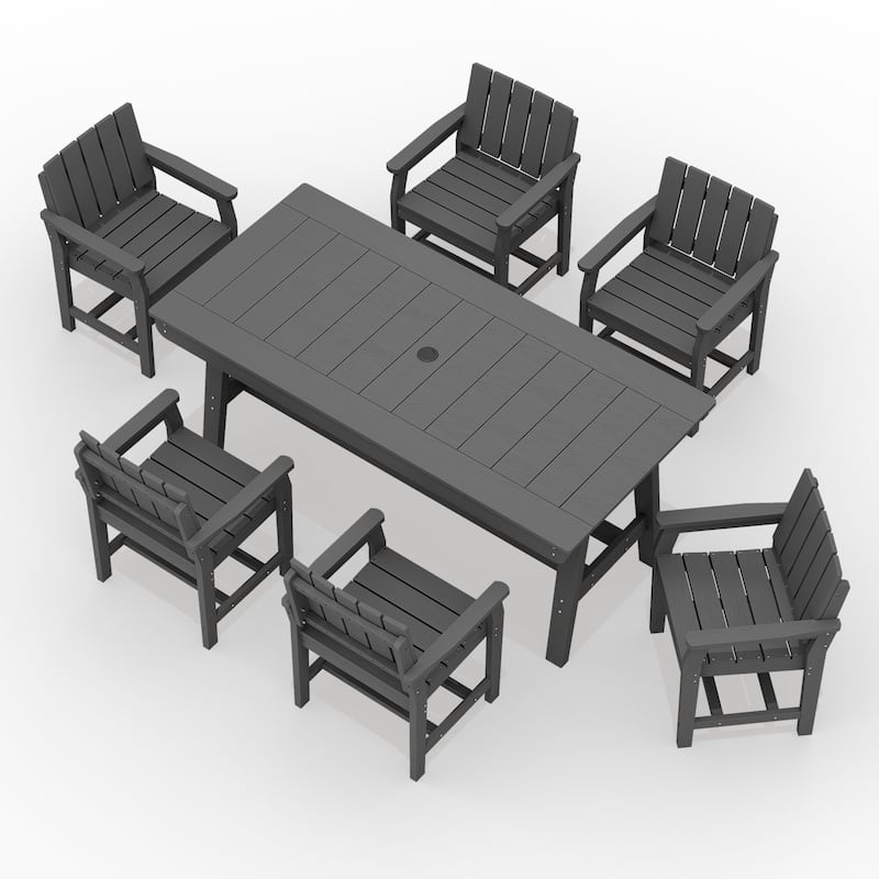 7-Piece HDPE Outdoor & Indoor Dining Set, Rectangular 67.91in L Table with Umbrella Hole and 6 Chairs Set of 7, Wood-Look Finish