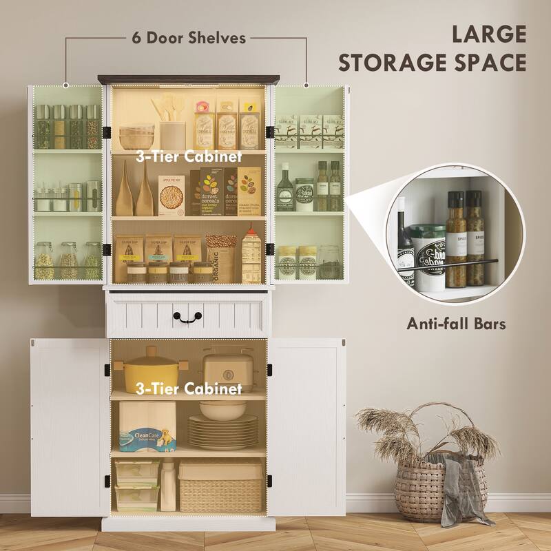 Farmhouse Style Kitchen Pantry Cabinet with Motion Sensor Light Adjustable Shelves and Spacious Storage