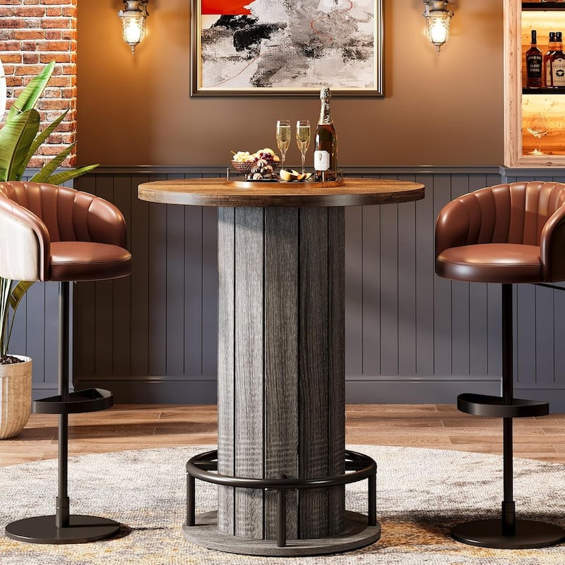 39.4" H Brown MDF Round Bar Table, Farmhouse Bistro Pub Table for Living Room - Brown & Gray