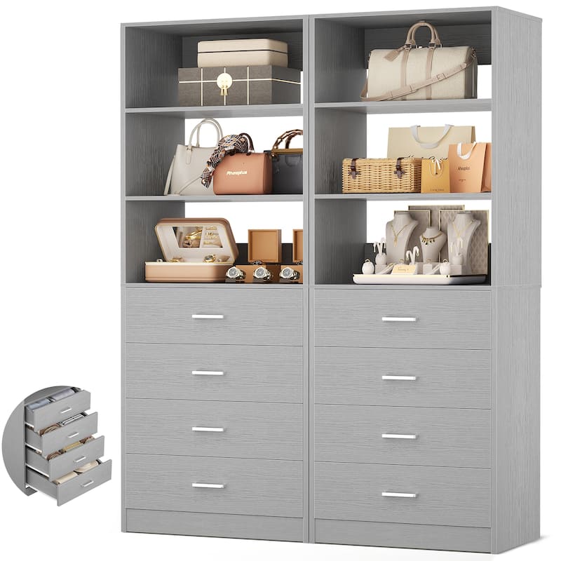 Freestanding Closet Organizer with 4 Drawers and 4 Shelves, Wooden Closet System for Walk-in Closet