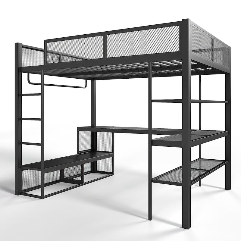 Queen Loft Bed with Metal Frame Desk Shelves and Hanging Rod