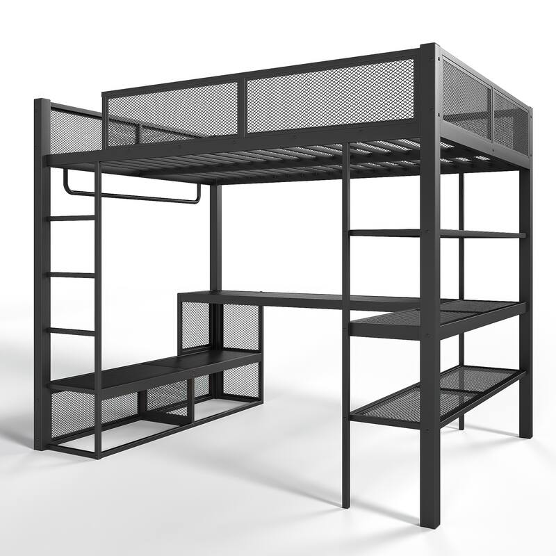 Queen Size Loft Bed with Storage Shelves, Metal Loft Bed with Clothes Hanging Rod and Desk, No Box Spring Needed Design, Black