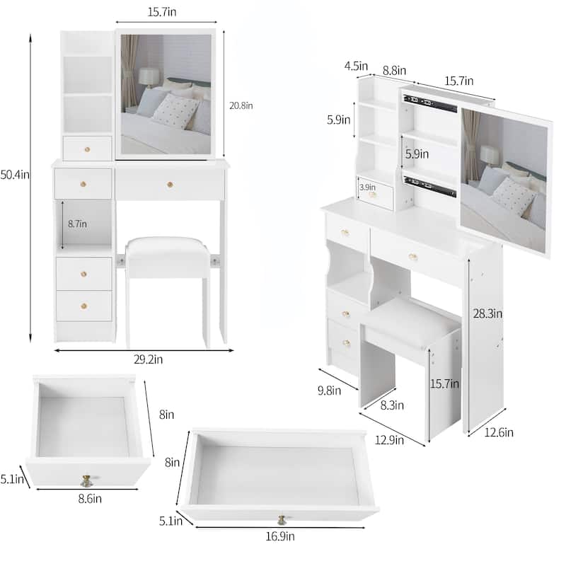 29.2" Compact Left-Drawer Vanity Set with Cushioned Stool and Sliding Mirror
