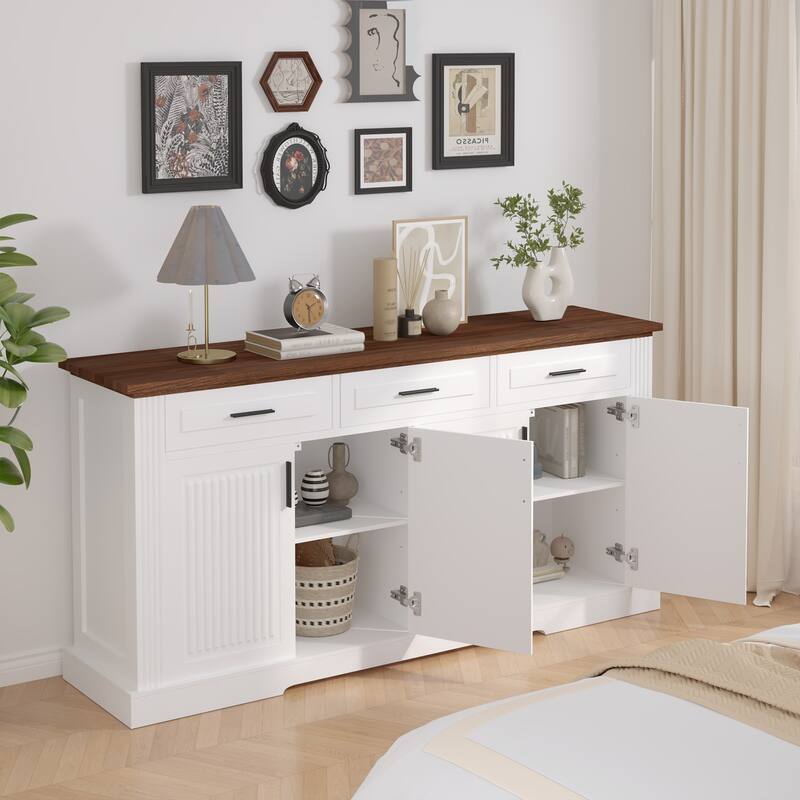 63" Fluted Farmhouse Credenza - Multi-Functional Storage Unit with Coffee Bar Top, 4 Cabinet Doors & 3 Organizational Drawers‌