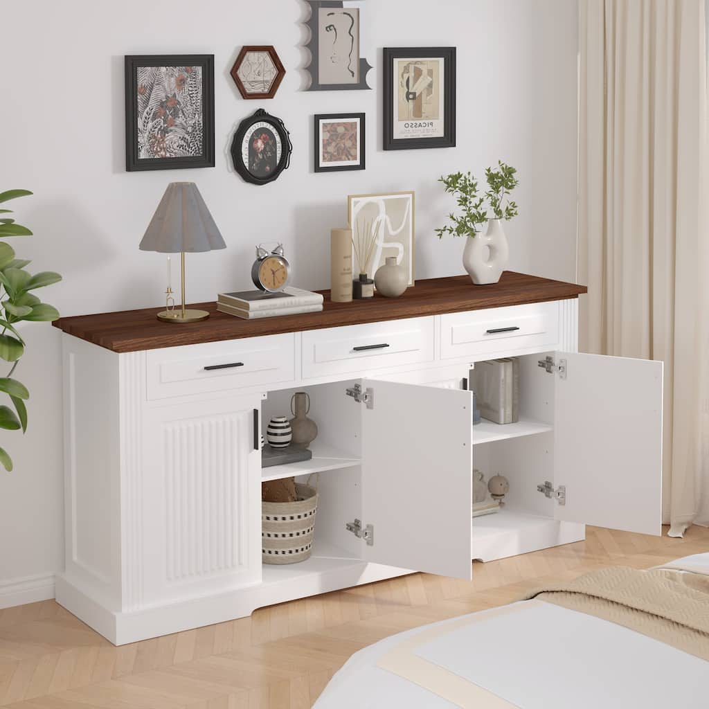Fluted Sideboard Cabinet with 4 Doors & 3 Drawers, Wood Storage Console Table, Coffee Bar Cabinet with Adjustable Shelf
