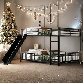 Unique Design Full over Full Size Metal Bunk Bed with Slide and Guardrails