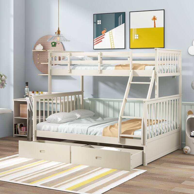 Twin Over Full Bunk Bed with Storage Drawers, Ladder, and Safety Guard Rails - Cream