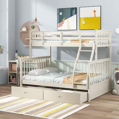 Twin Over Full Bunk Bed with Storage Drawers, Wooden Bunk Bed with Ladder and Safety Guard Rails -Cream
