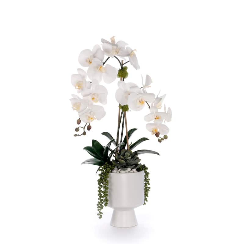 Real Touch White Orchid Flower Arrangement in White Pot
