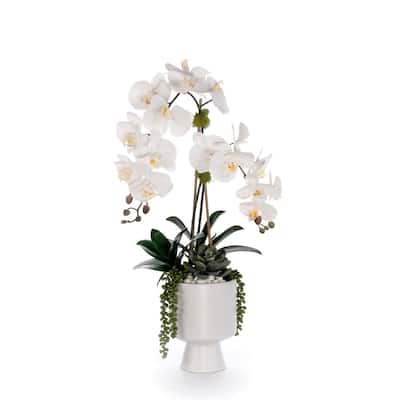 Real Touch White Orchid Flower Arrangement in White Pot
