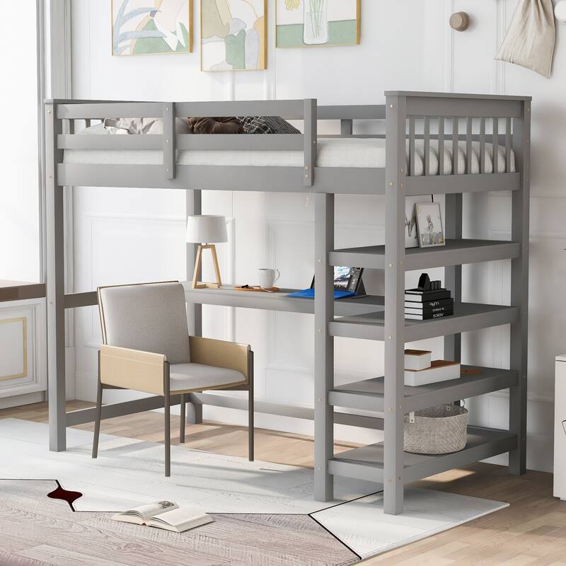 Full/Twin Loft Bed with Integrated Desk and Shelves, Space-Saving Wooden Frame, Durable Pine Wood and MDF, Guardrails Included - Grey - Twin