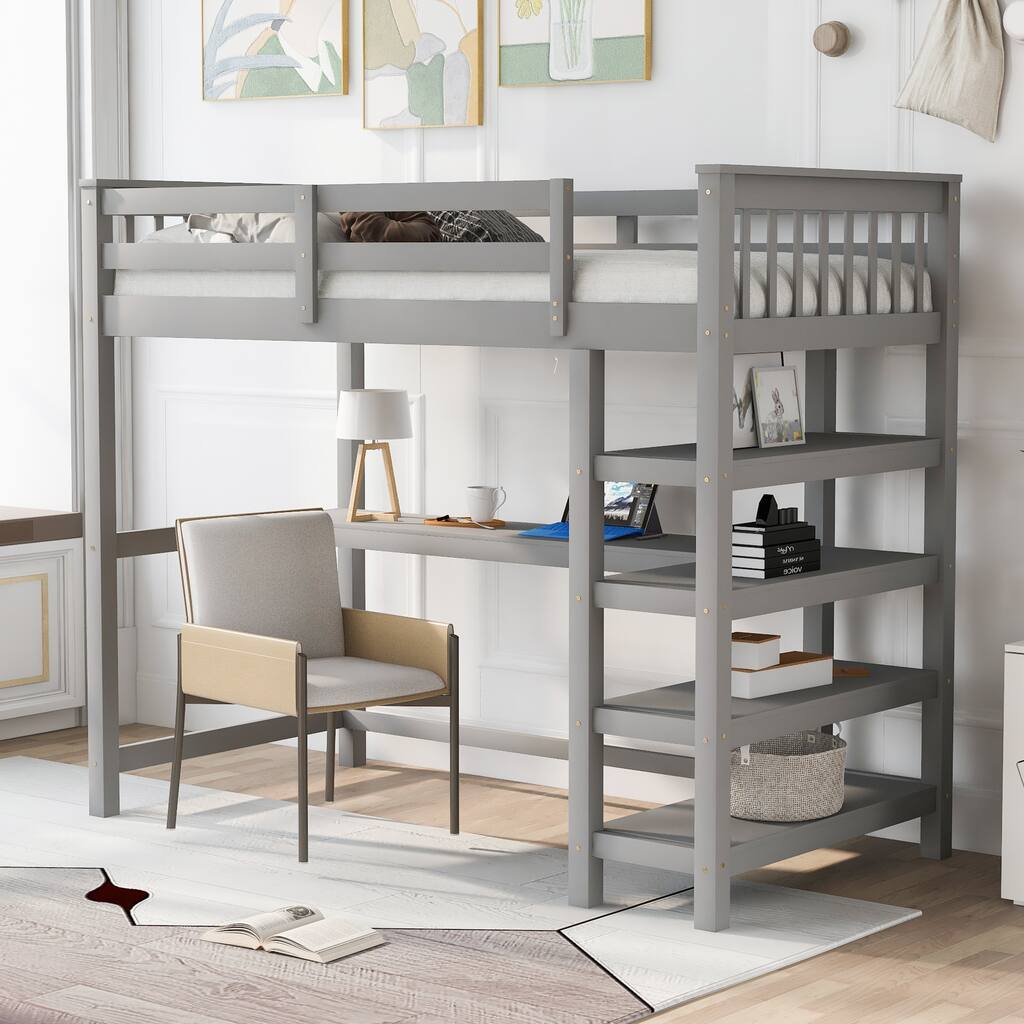 Full/Twin Loft Bed with Integrated Desk and Shelves, Space-Saving Wooden Frame, Durable Pine Wood and MDF, Guardrails Included