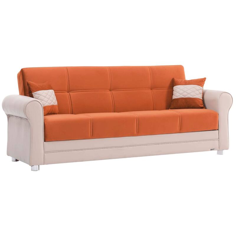 HomeRoots 89" Orange Polyester Convertible Futon Sleeper Sofa And Toss Pillows With Storage