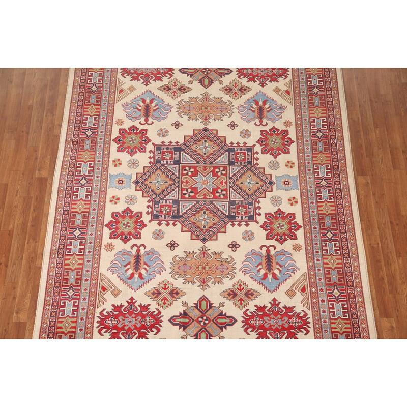 Ivory Geometric Kazak Area Rug Hand-Knotted Wool Carpet - 6'9" x 9'10"