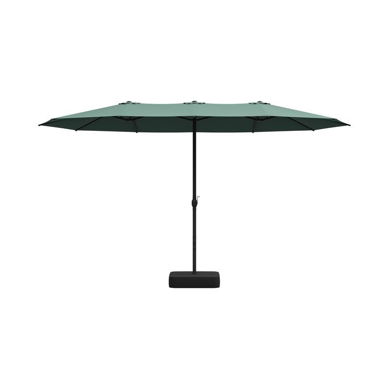 15ft x 9ft Double Patio Umbrella with Base and Sandbags, Extra Large Twin Outdoor Market Umbrella with Auto Tilt, 180g Polyester