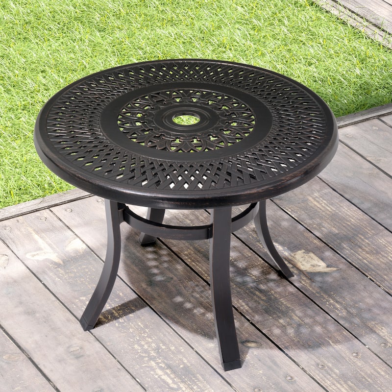 Outdoor Cast Aluminum Patio Side Table Round Table with Umbrella Hole - 24.02" Dia. x 17.52" H - 24.02" Dia.  x 17.52" H - Black with Bronze Spot