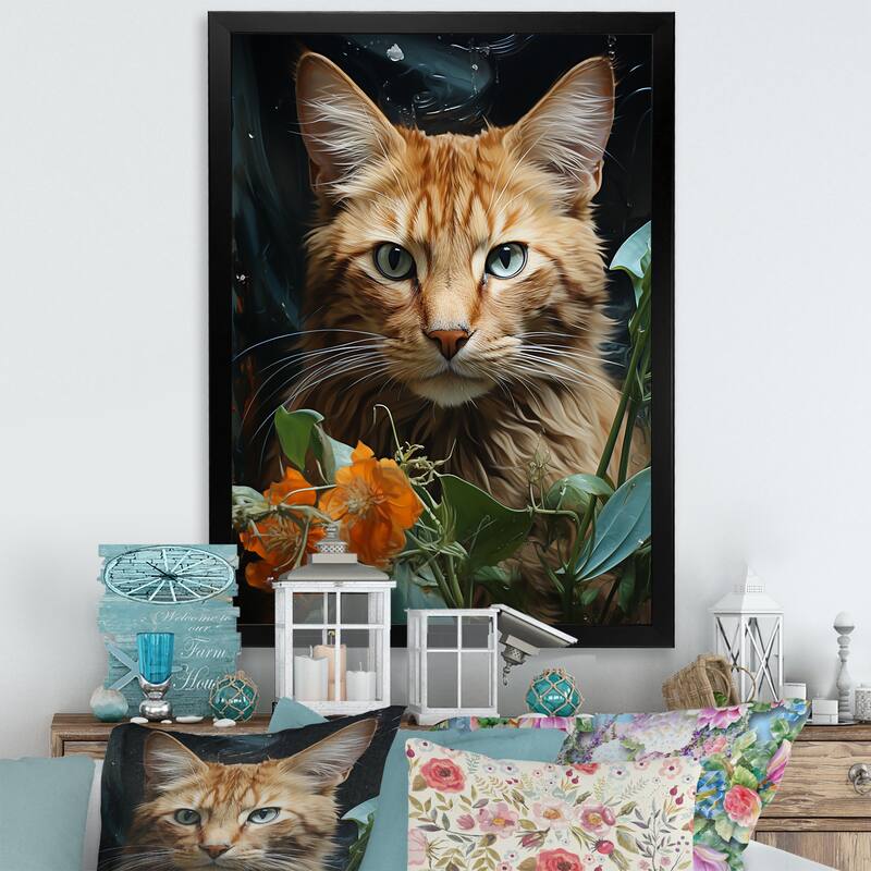 Designart "Havana Brown Mystique Cat" Animals Cat Framed Canvas Art Print - 24 in. wide x 32 in. high - Black