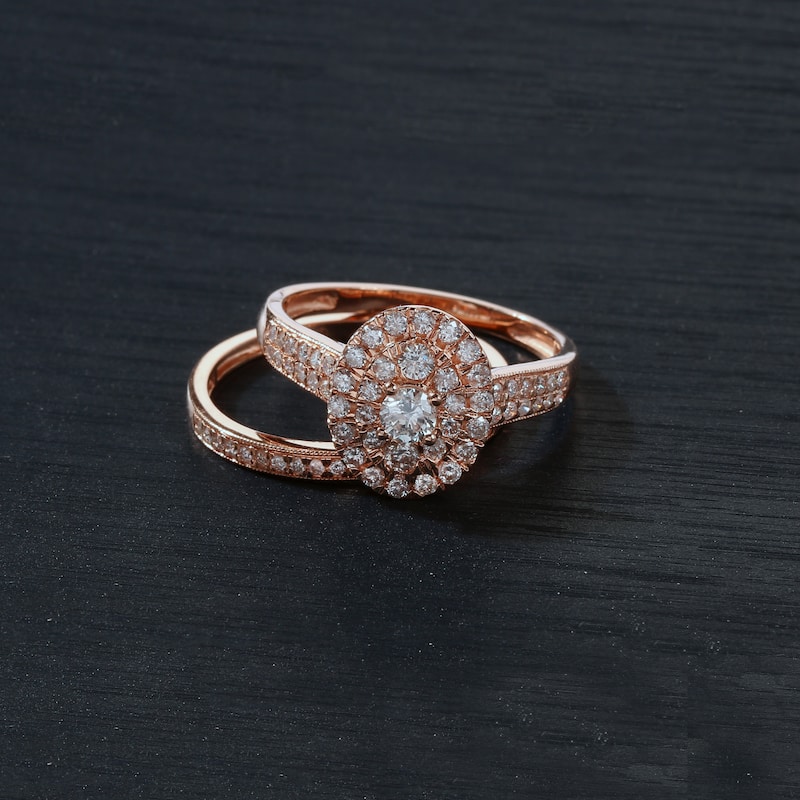 IGI Certified 1ct TDW Diamond Oval Frame Halo Bridal Set in 14K Gold for Women - 8.5 - Rose