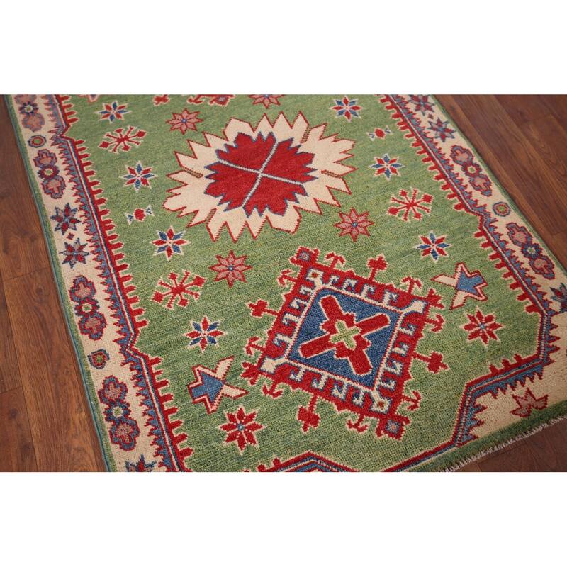 Light Green Kazak Oriental Foyer Rug Hand-Knotted Wool Carpet - 2'9" x 4'1"