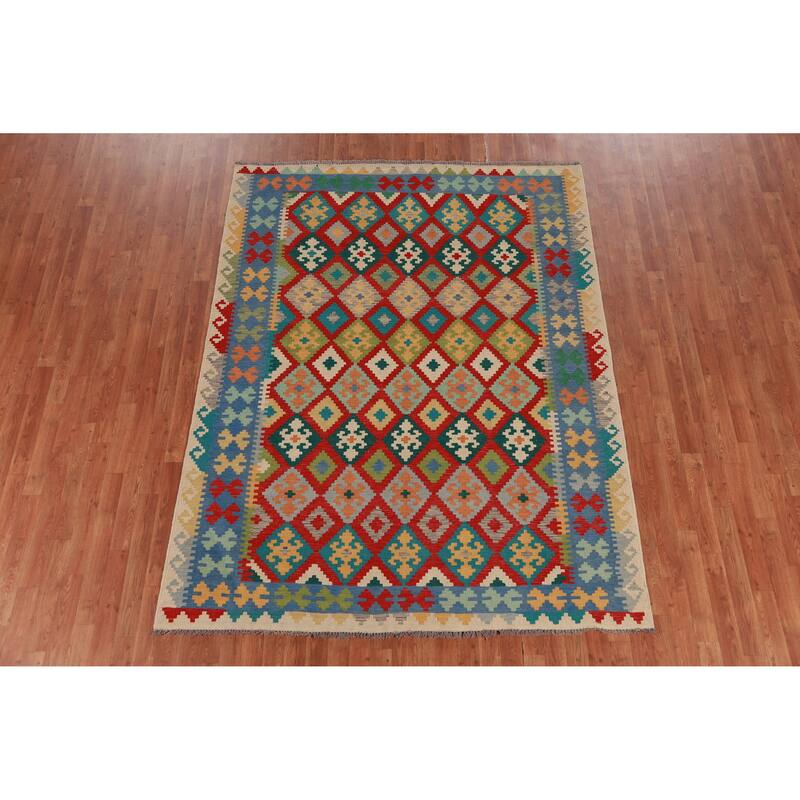 Hand Woven Oriental 100% Wool Carpet Southwestern Geometric Multi-Colored Kilim Area Rug - 8' 3'' X 6' 3''