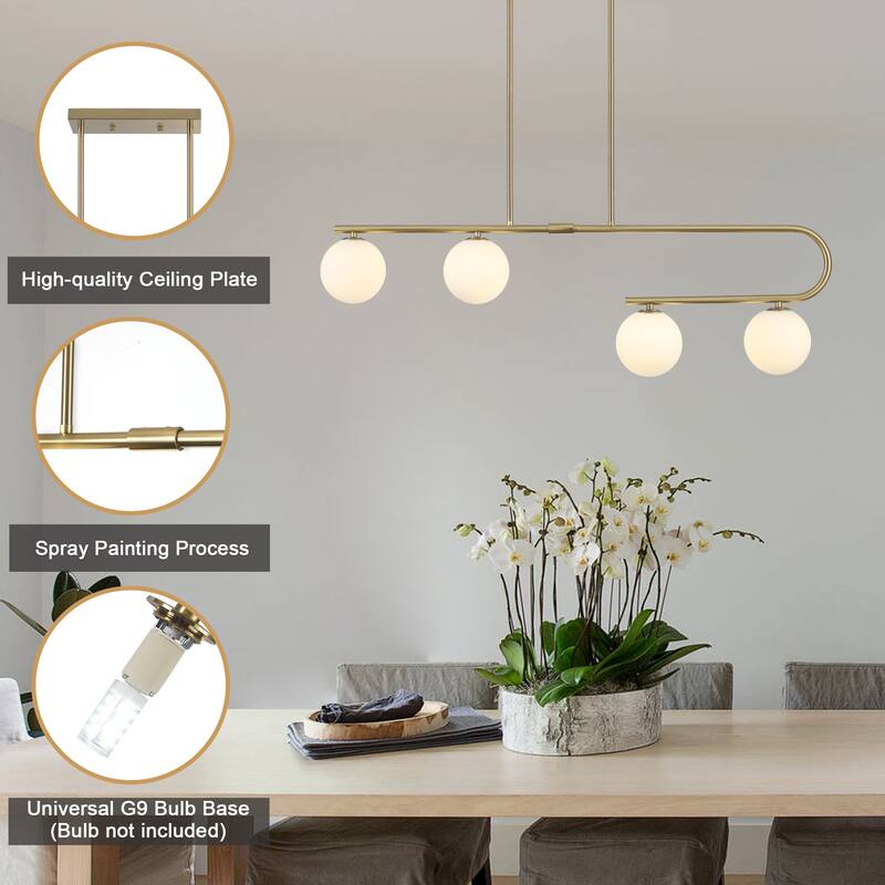 4-Light Modern Hanging Island Linear Chandelier Lighting Fixture with Glass Shade for Kitchen Foyer Dining Room