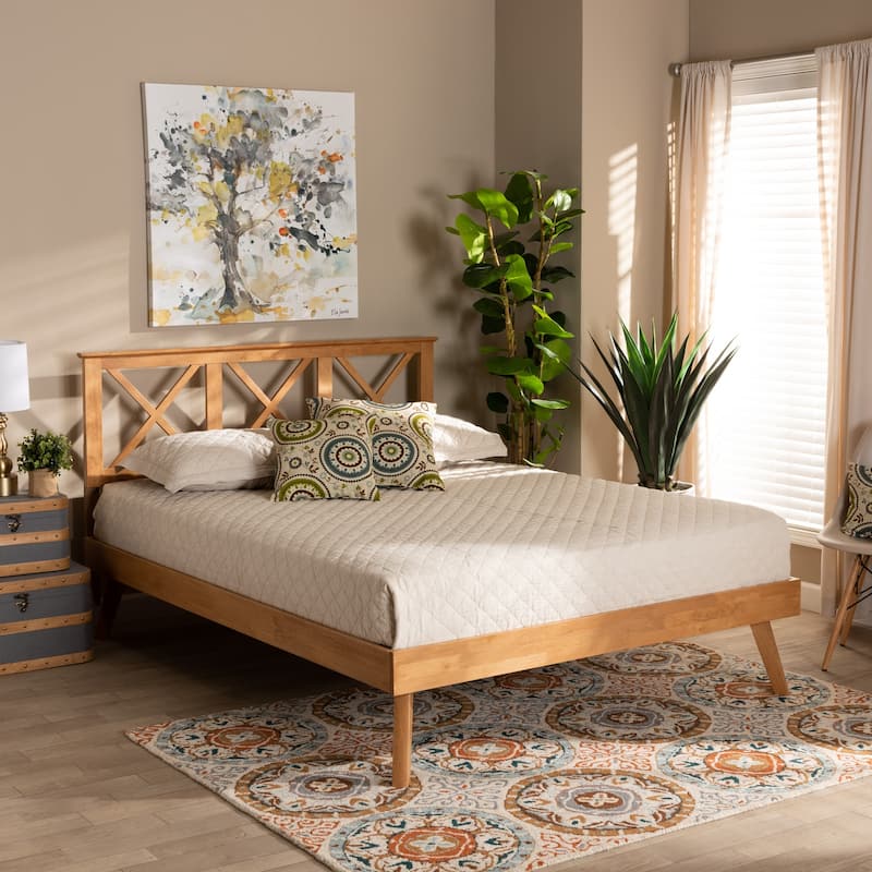 Full Size Platform Bed - Brown Wood Bed Frame with Crisscross Headboard - Modern Bedroom Furniture